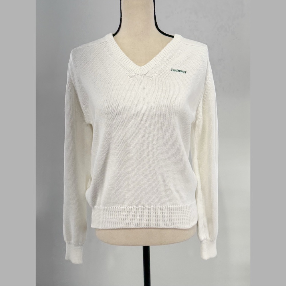 Vintage Lady Pickering White Embroidered “Canterbury” V-Neck Sweater – Size L